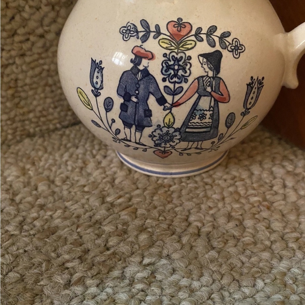 Vintage Enesco Cream Ceramic Pitcher with Blue Floral Design - Picture 2 of 11